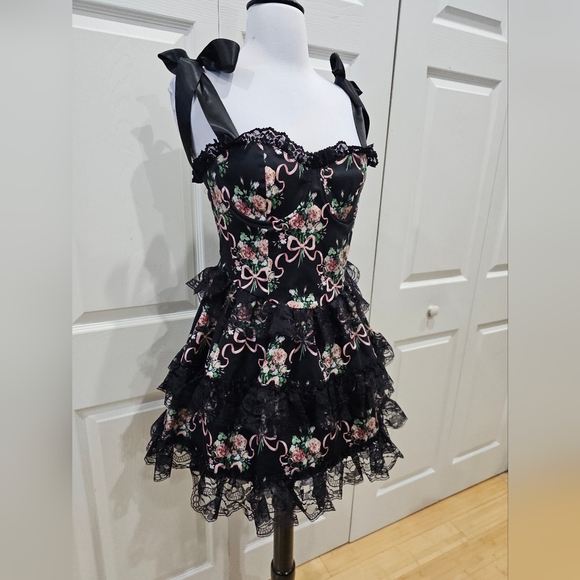 Dolls Kill Widow Goth Bows Floral Bewitched Bloom Tiered Black Lace Mini Dress - Picture 10 of 11